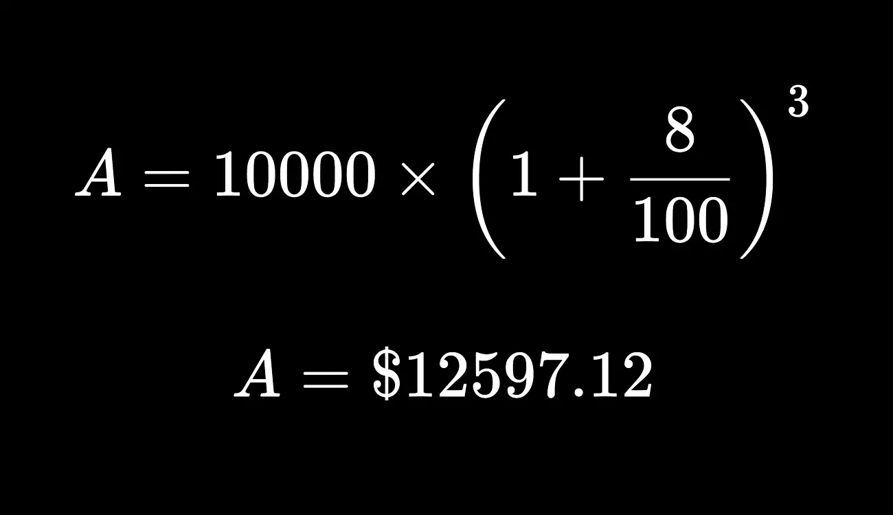 Compound interest calculation for P = $10,000, R = 8%, N = 3. The resulting amount (A) = $12597.12